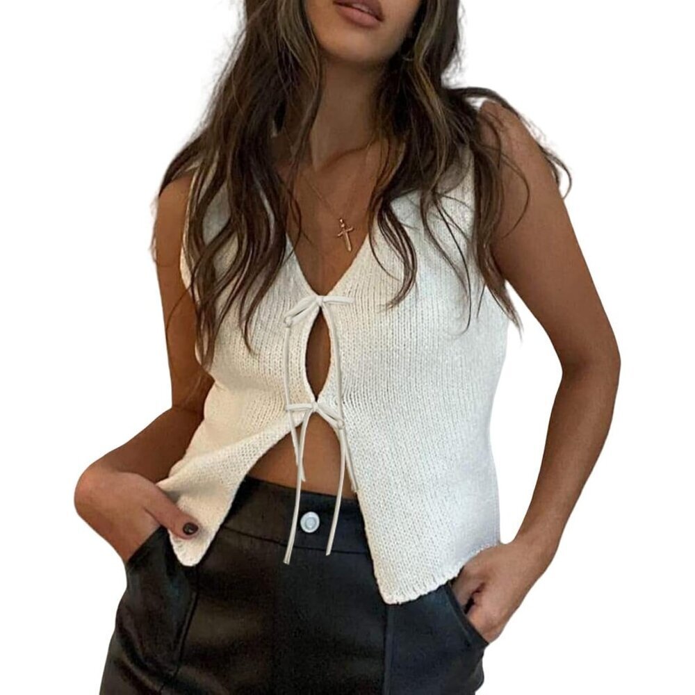 Women Sleeveless Knit Vest Top V Neck Open Front Tie Crop Casual Vintage Y2K